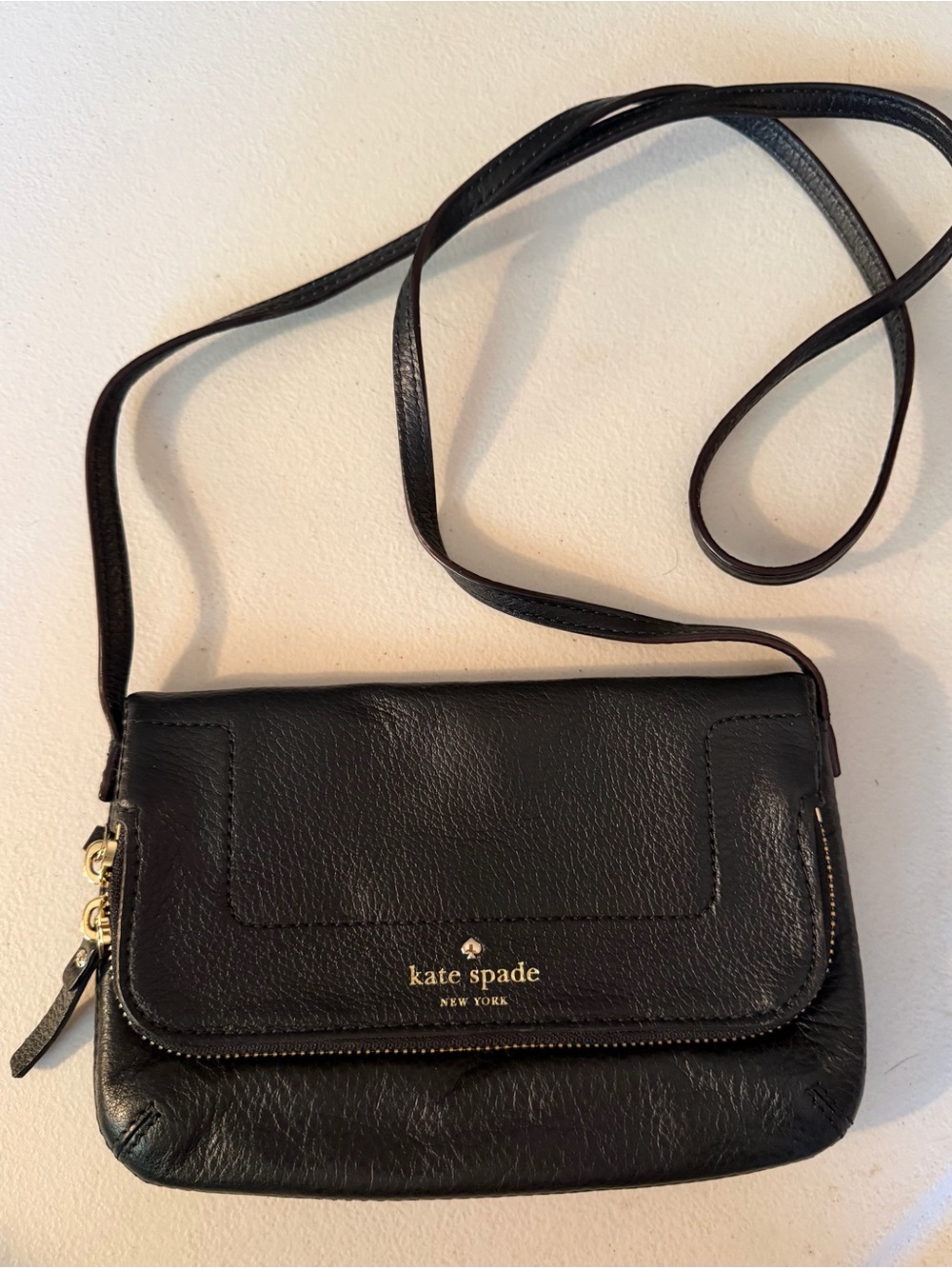 kate spade Black Leather Flap Crossbody with Gold Hardware